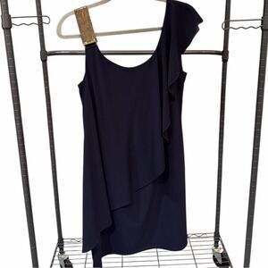 Betsy & Adam Midnight Blue One-Shoulder Dress with Gold Detail
